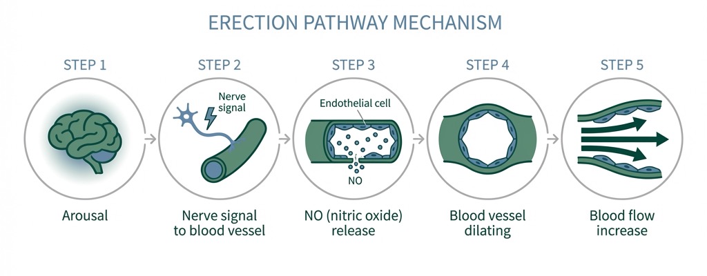 Diagram showing the 5-step erection pathway: arousal, nerve signal, nitric oxide release, blood vessel dilation, and blood flow increase