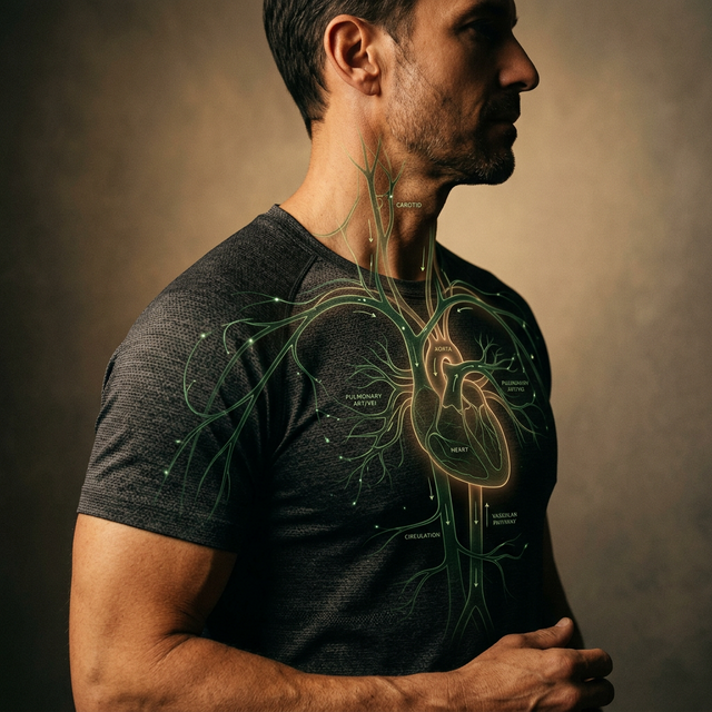 Man with vascular flow visualization overlay, editorial health photography